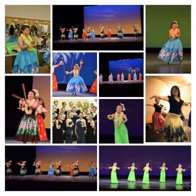 Photo8 Ka Hokulani Hula Studio 様々なステージでアウアナを踊るmotoeの写真コラージュ華やかな衣装と心の葛藤を表現
